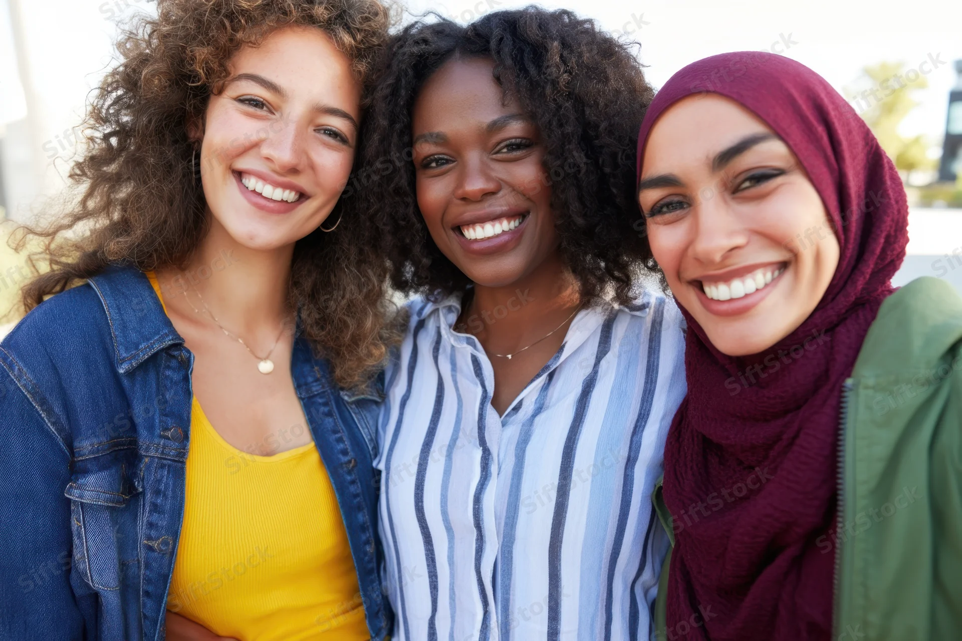 Three diverse women smiling closely together outdoors