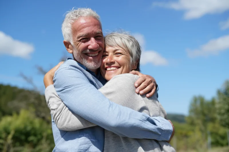 Elderly couple embracing and smiling outdoors on a sunny day