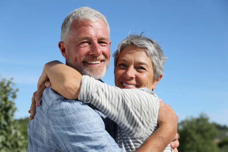 Elderly couple embracing outdoors on a sunny day smiling