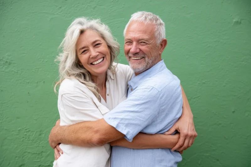 Elderly couple hugging and smiling against a green textured wall
