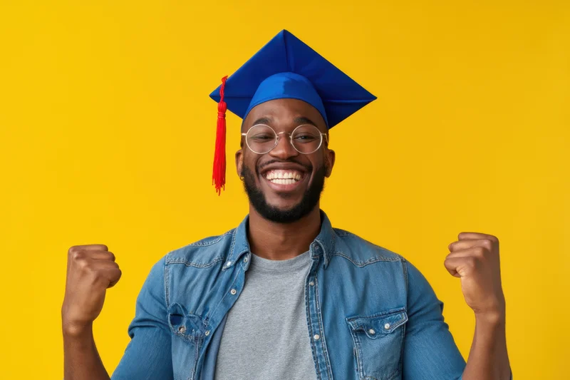 Smiling black man in graduation cap and denim shirt celebrating with fists raised against yellow background