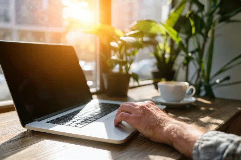 Hand typing on laptop at wooden desk by sunlit window with plants and coffee cup