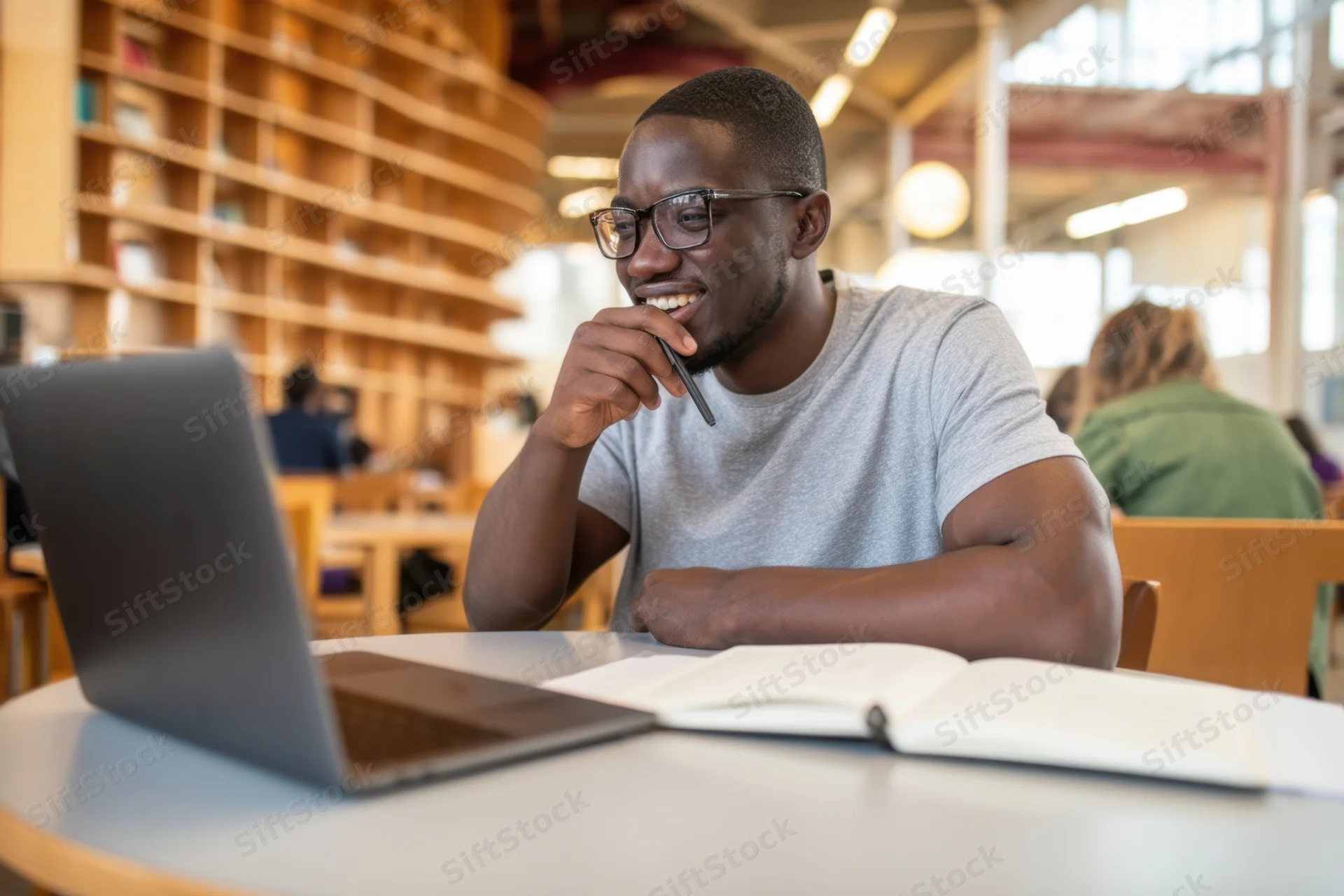 Young black man smiling while studying with laptop and notebook at table in bright library cafe