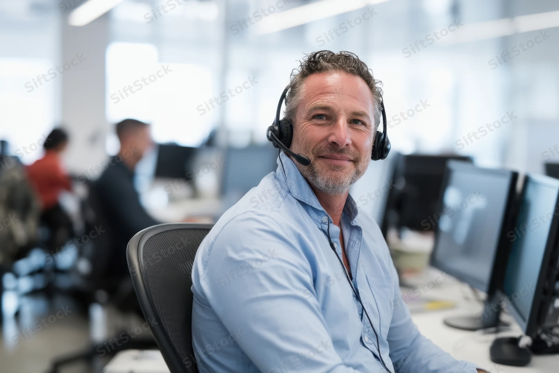 Man wearing headset smiling at camera while seated at desk in office