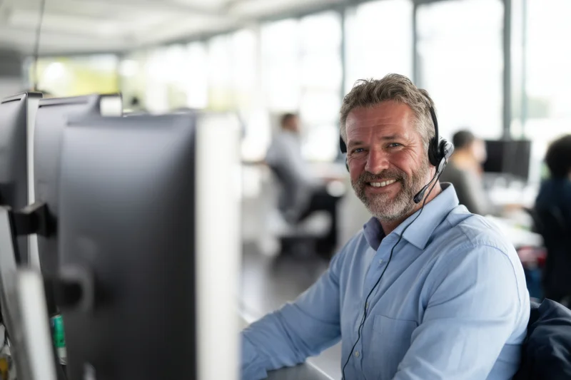 Middle-aged man smiling while wearing headset at computer in open-plan office