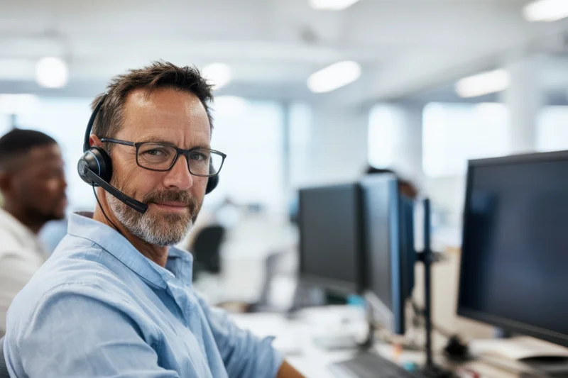 Middle-aged man wearing headset and glasses at desk in office call center