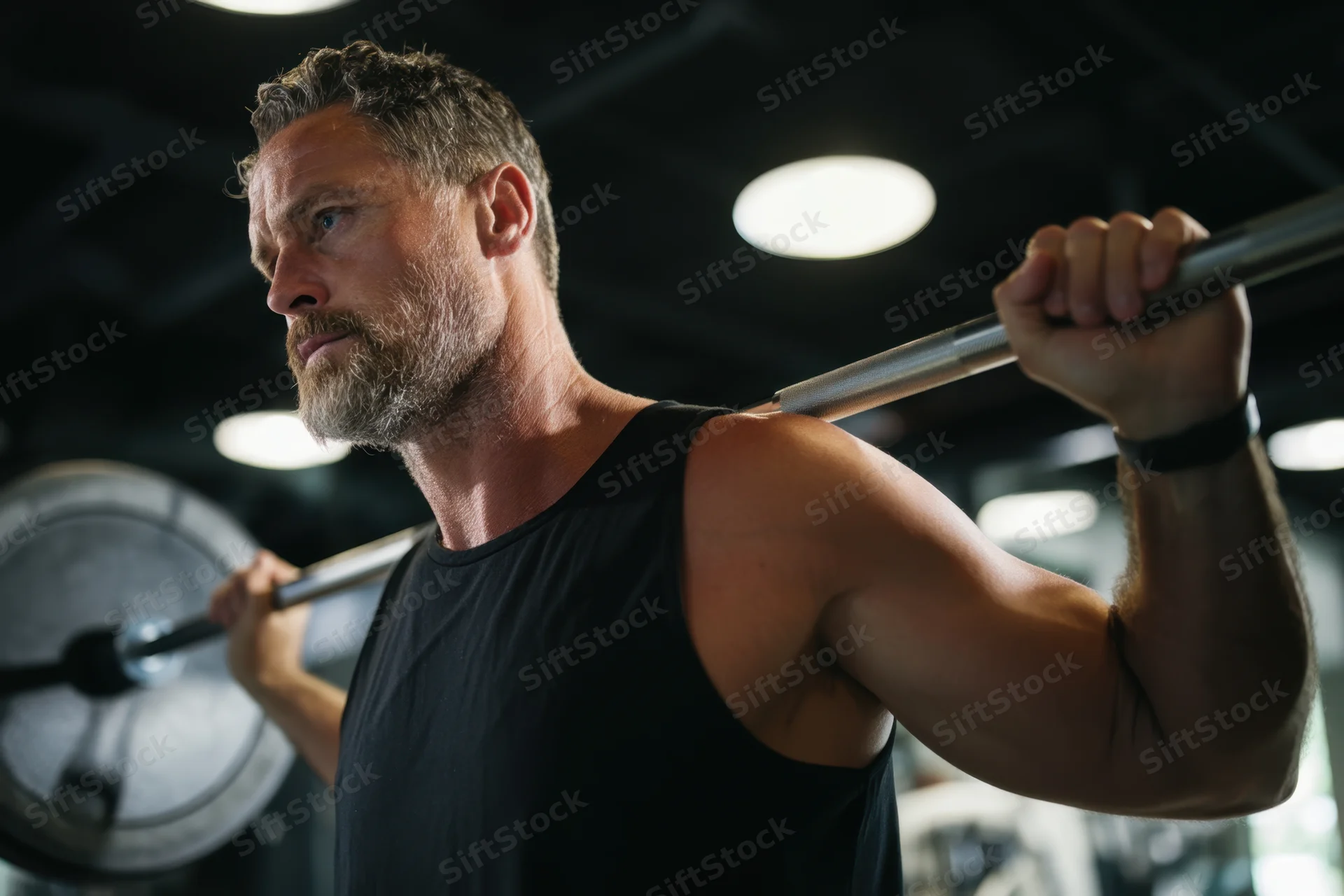 Muscular man lifting barbell on shoulders in gym