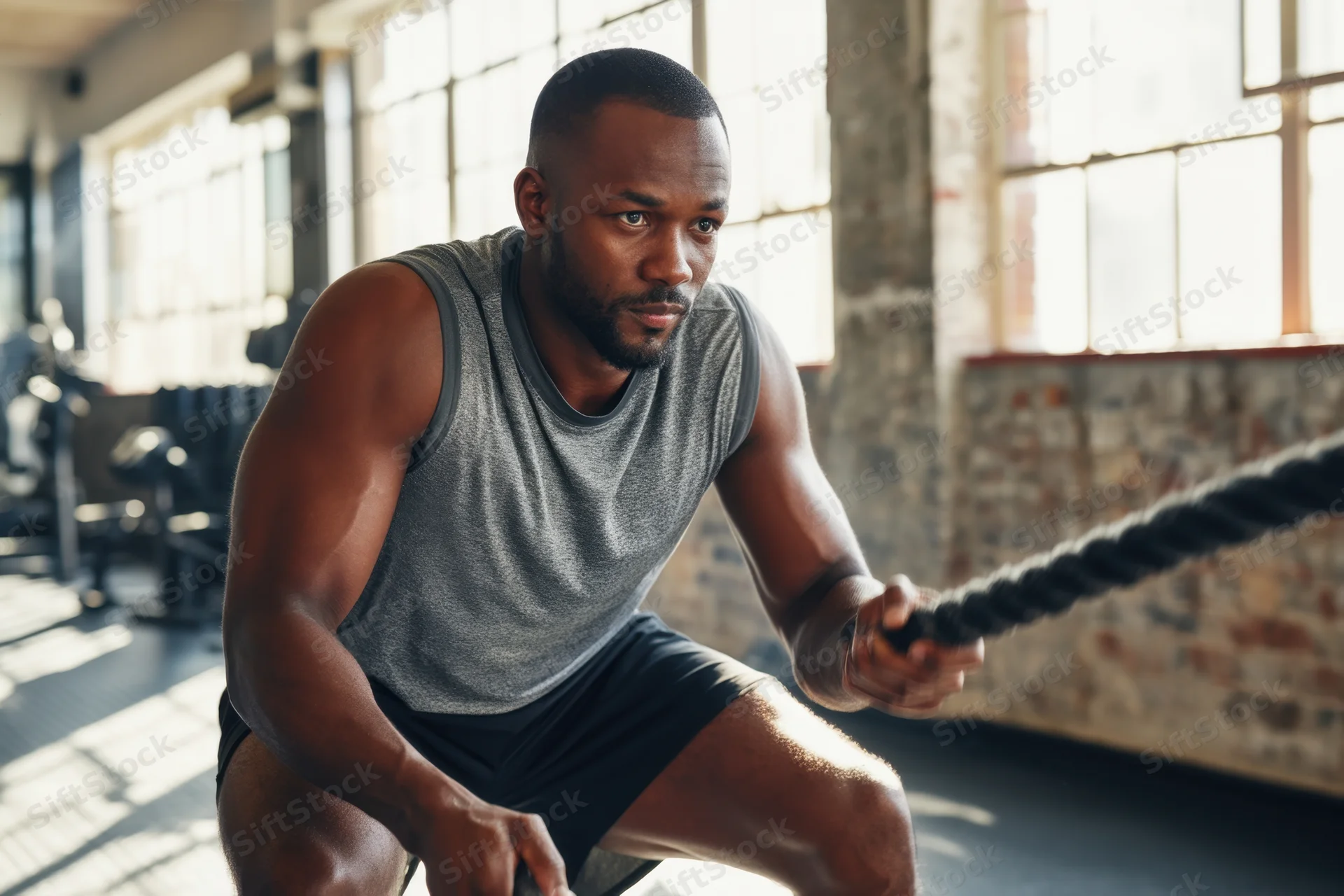 Muscular man pulling battle ropes in a gym with sunlight through windows