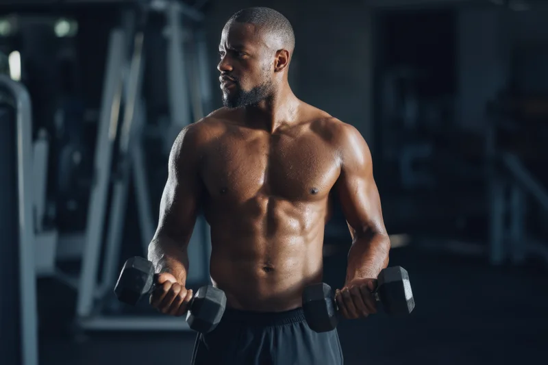Muscular man performing dumbbell curls in a gym