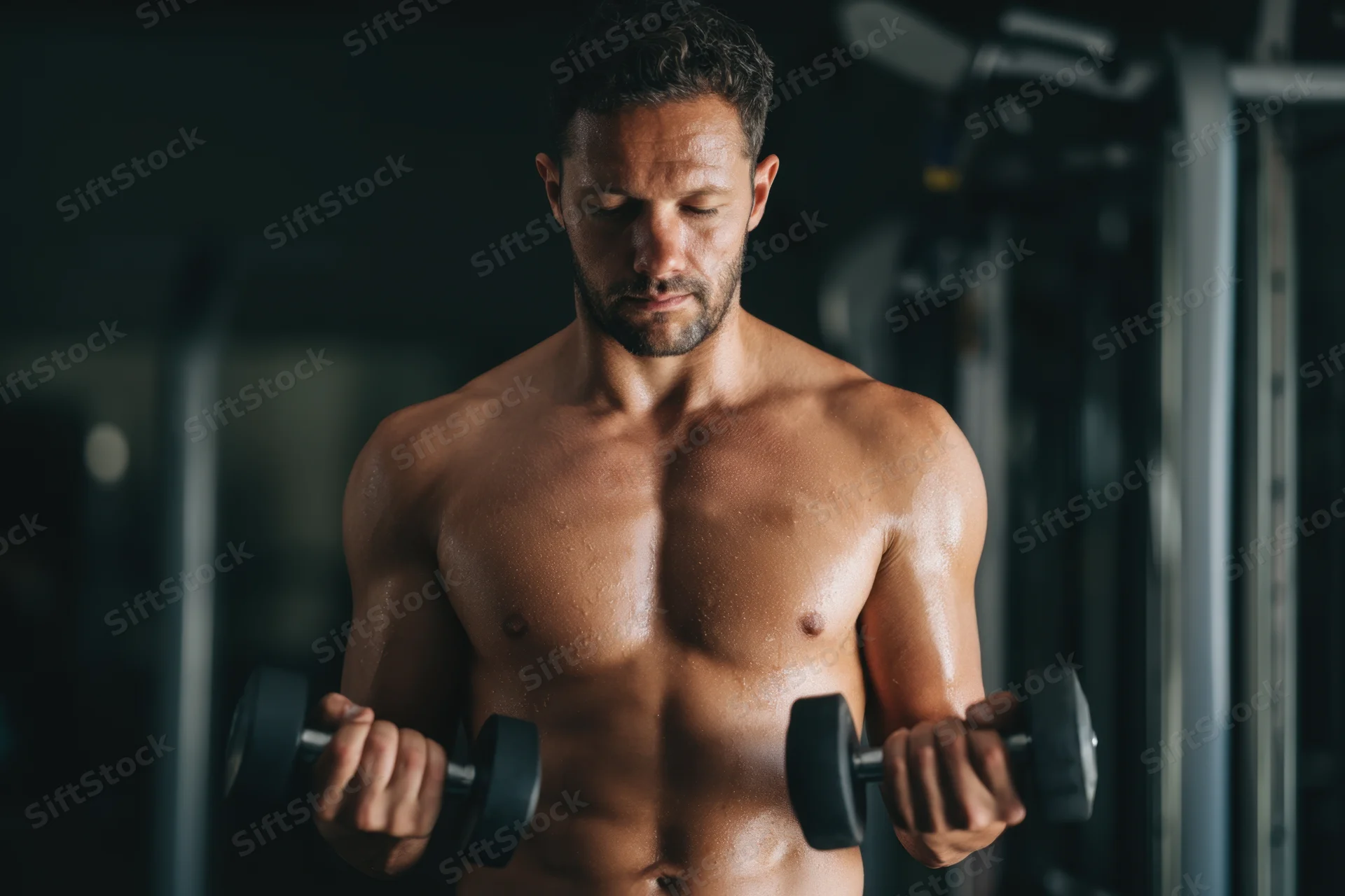 Muscular man performing dumbbell curl in gym with defined abs