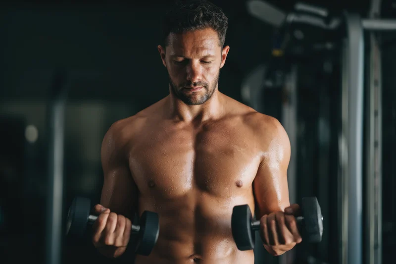 Muscular man performing dumbbell curl in gym with defined abs