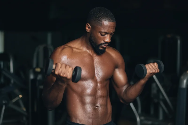 Muscular man performing dumbbell curls in a gym