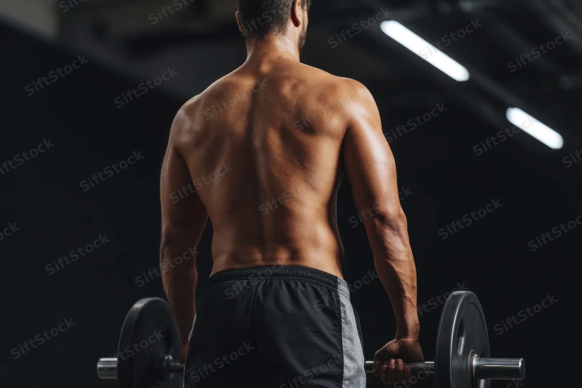 Muscular man lifting barbell in gym from behind, shirtless, wearing black and gray shorts