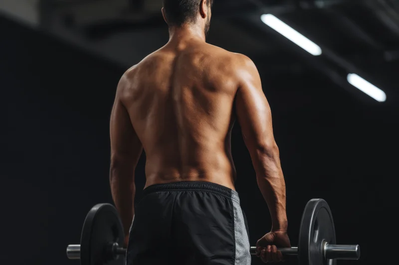Muscular man lifting barbell in gym from behind, shirtless, wearing black and gray shorts
