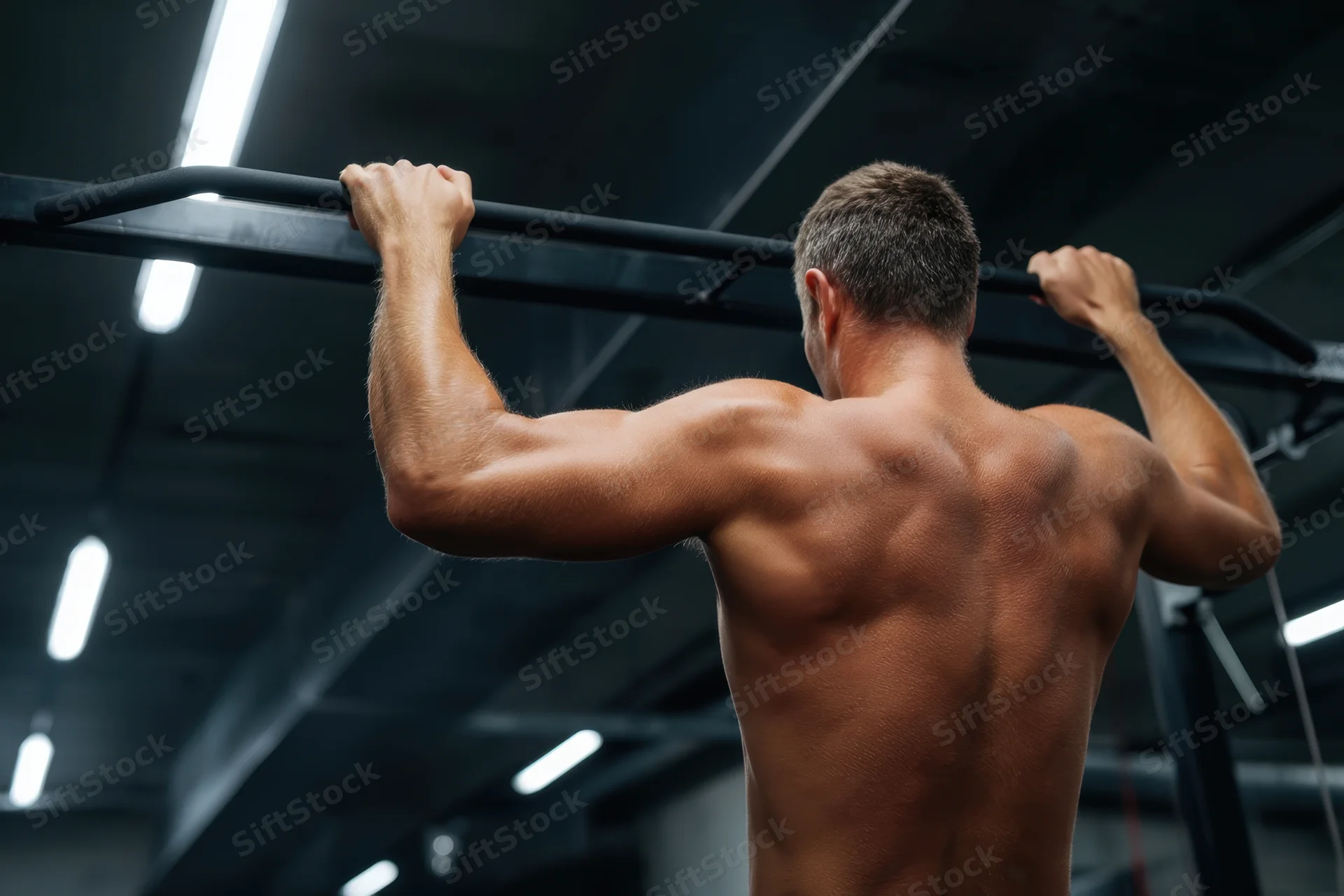 Muscular man doing pull-up on ceiling-mounted bar in gym