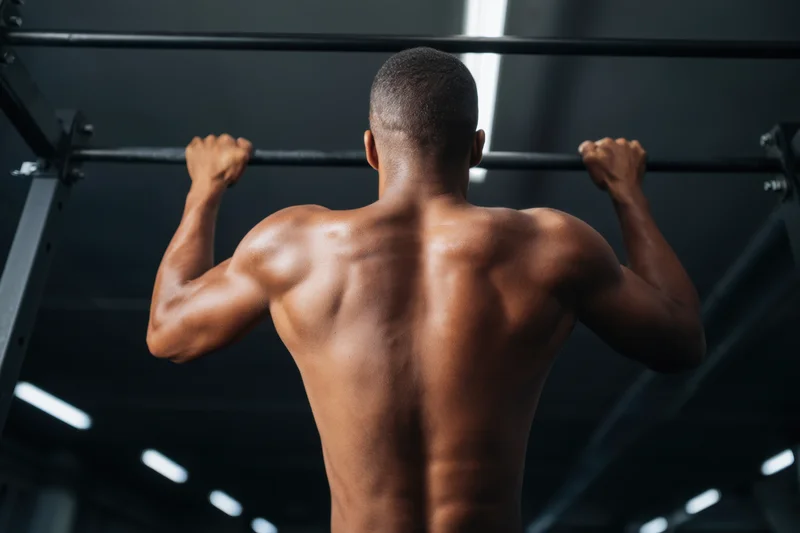 Muscular man doing pull-up on ceiling-mounted bar in gym