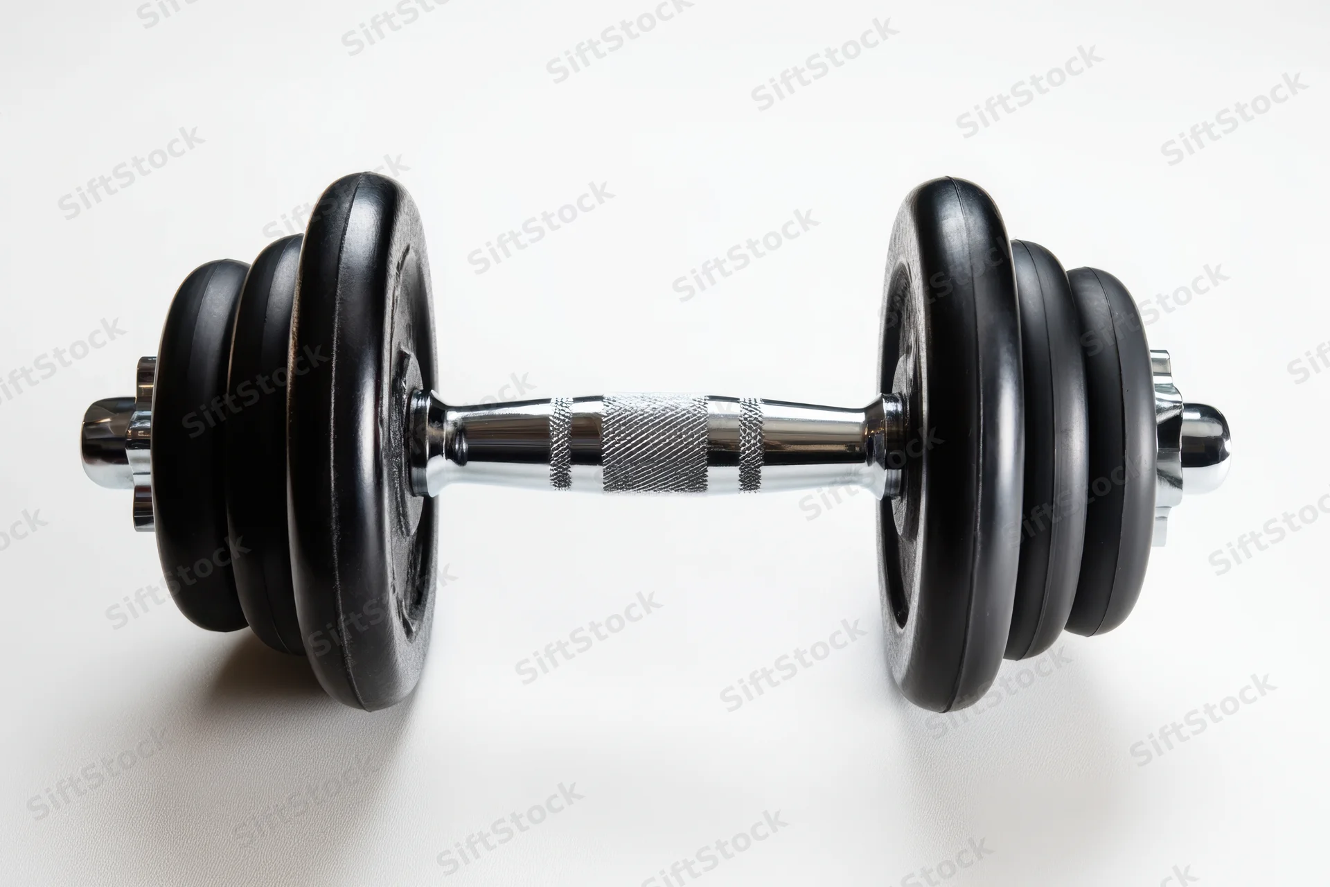 Chrome-handled dumbbell with black rubber weights resting on white surface
