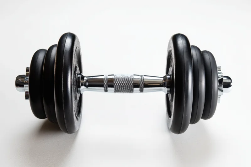 Chrome-handled dumbbell with black rubber weights resting on white surface