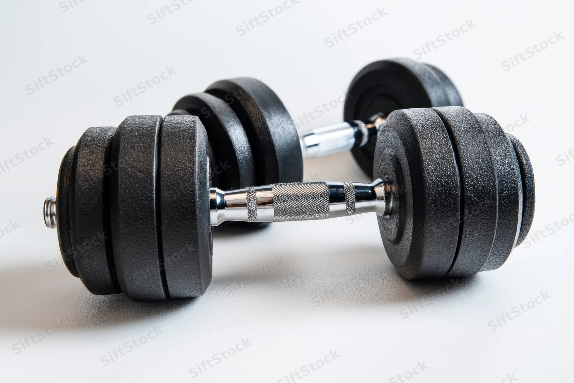 Two black rubber-coated dumbbells with chrome handles resting on a white surface