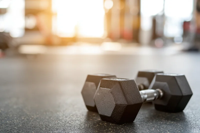 Two hexagonal dumbbells resting on a textured black gym floor with warm sunlight in the background