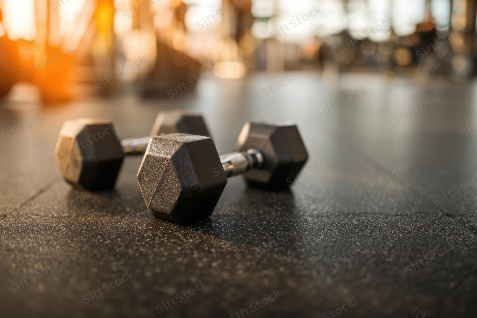 Two hexagonal dumbbells resting on a textured black gym floor with warm light and blurred background