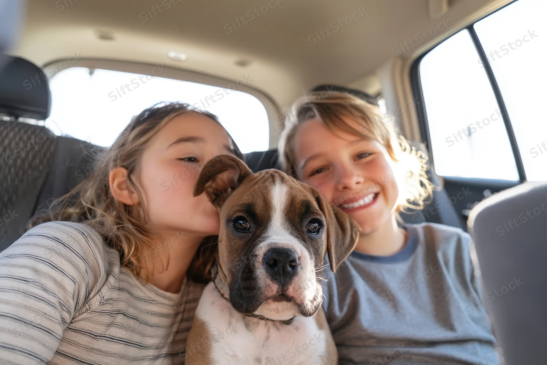 Two children cuddling a boxer puppy in the back seat of a car