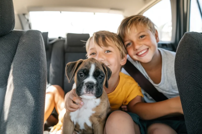 Two young boys smiling and hugging a boxer puppy in the back seat of a car