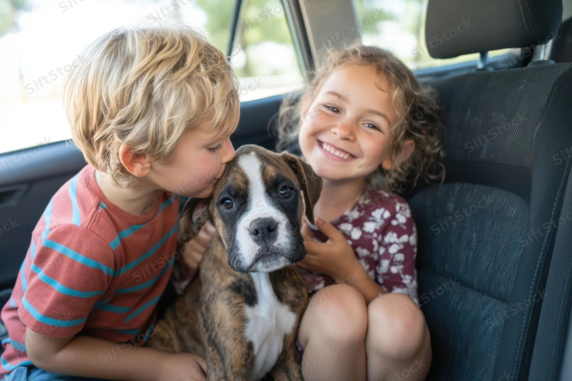 Two children cuddling a boxer puppy in the back seat of a car