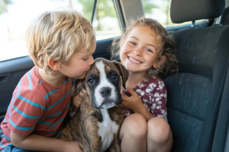 Two children cuddling a boxer puppy in the back seat of a car