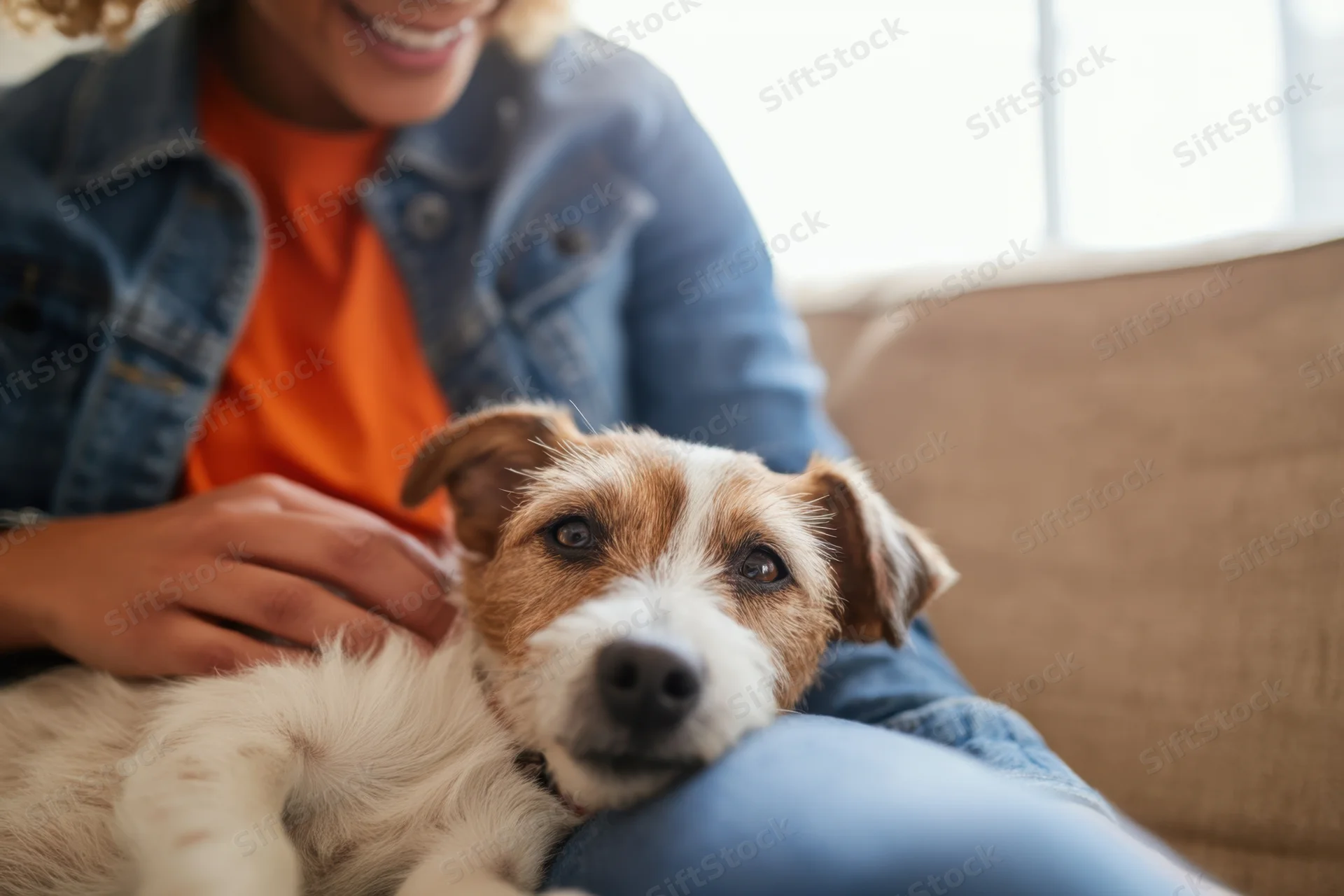 Woman petting a jack russell dog on a couch at home