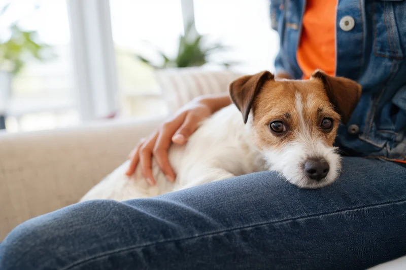 Jack russell dog resting on person's lap while being petted on couch