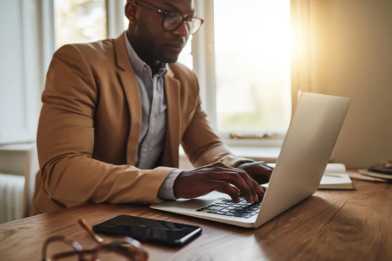 Man typing on laptop at wooden desk by window in home office