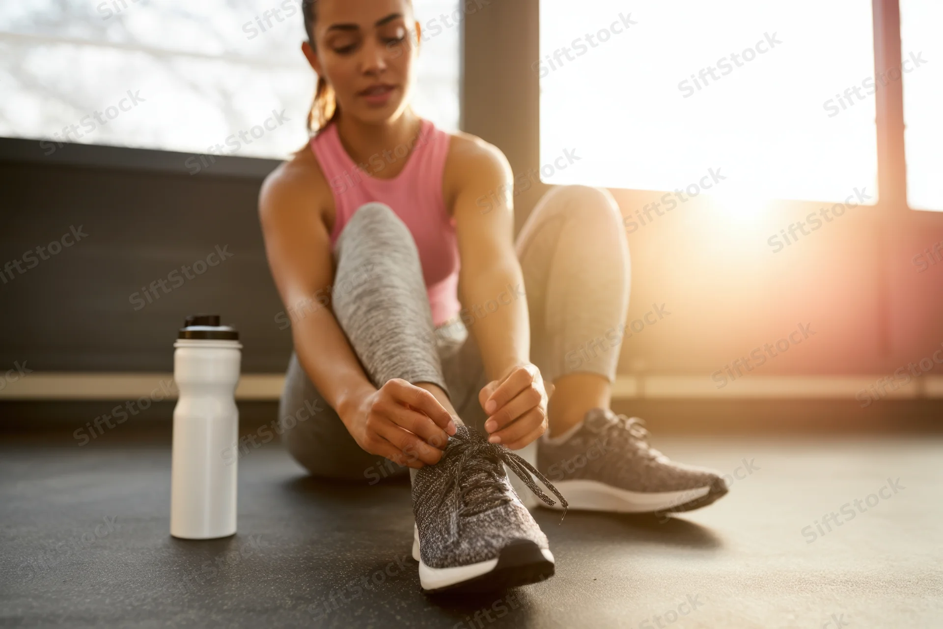 Woman in athletic wear tying her sneakers on a gym floor near a window with sunlight streaming in