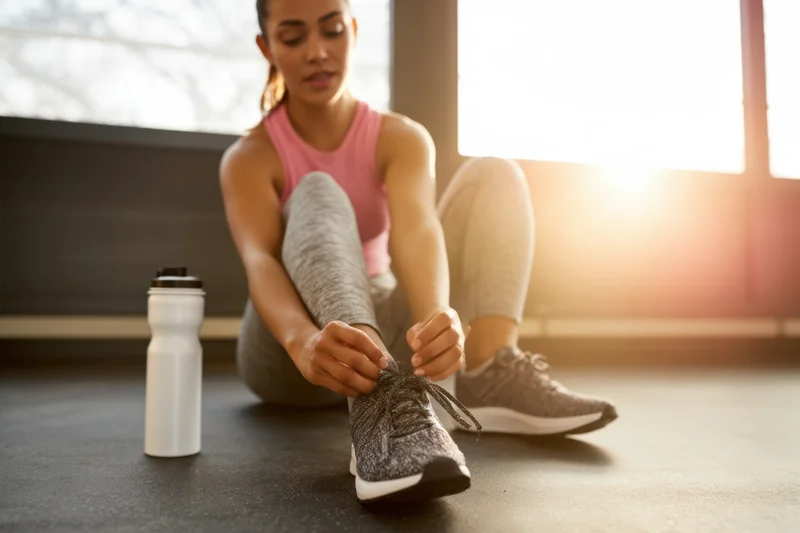 Woman in athletic wear tying her sneakers on a gym floor near a window with sunlight streaming in