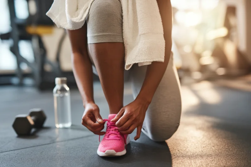 Woman kneeling on gym floor tying pink sneaker laces with towel draped over shoulder