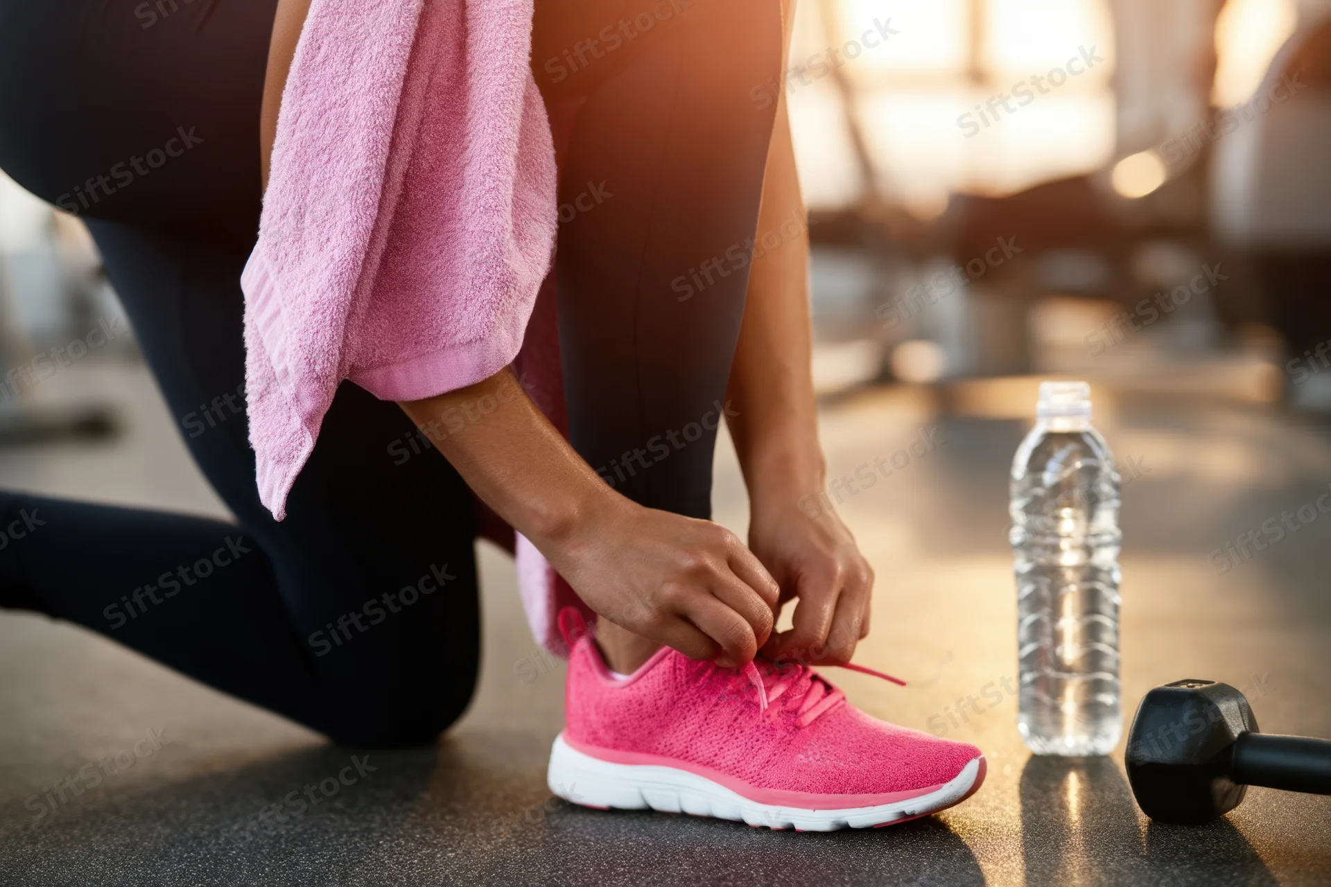 Woman tying pink sneaker on gym floor with towel and water bottle nearby