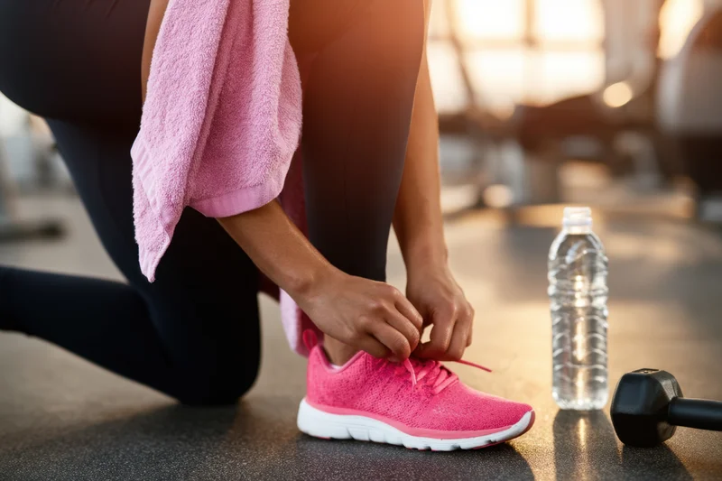 Woman tying pink sneaker on gym floor with towel and water bottle nearby