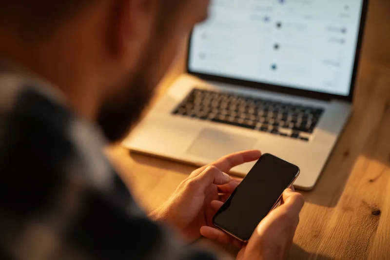 Man holding smartphone while using laptop at wooden desk