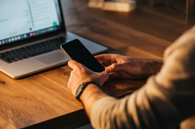 Man holding smartphone at wooden desk with laptop open beside him