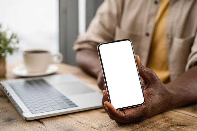 Man holding smartphone with blank screen at wooden desk with laptop and coffee cup