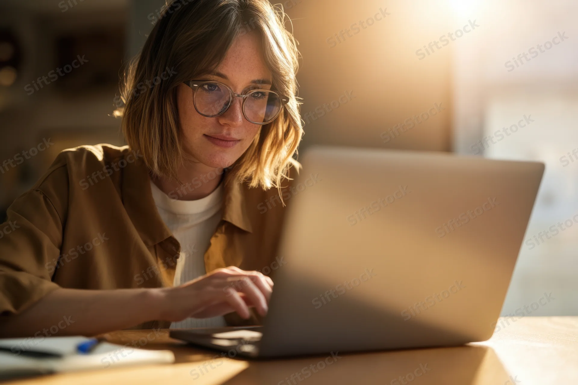 Woman typing on laptop at wooden desk in home office setting