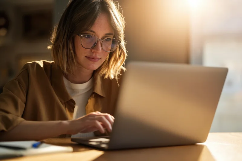 Woman typing on laptop at wooden desk in home office setting