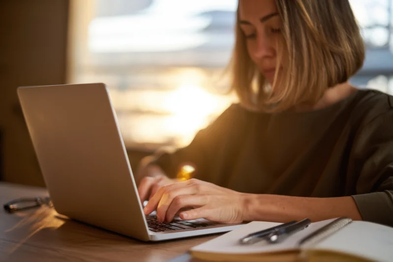 Woman typing on laptop at wooden desk in home office during golden hour