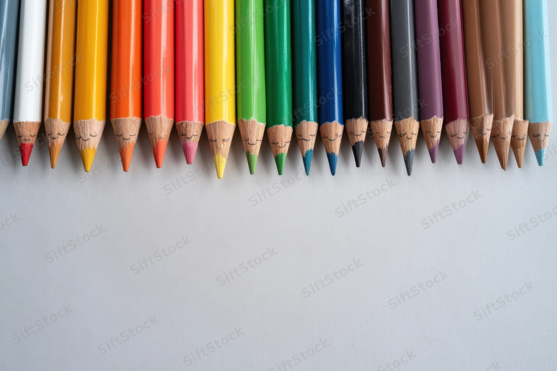 Row of colored pencils with smiling faces drawn on tips arranged horizontally on white surface