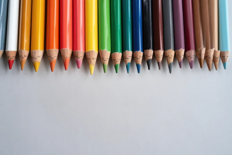 Row of colored pencils with smiling faces drawn on tips arranged horizontally on white surface