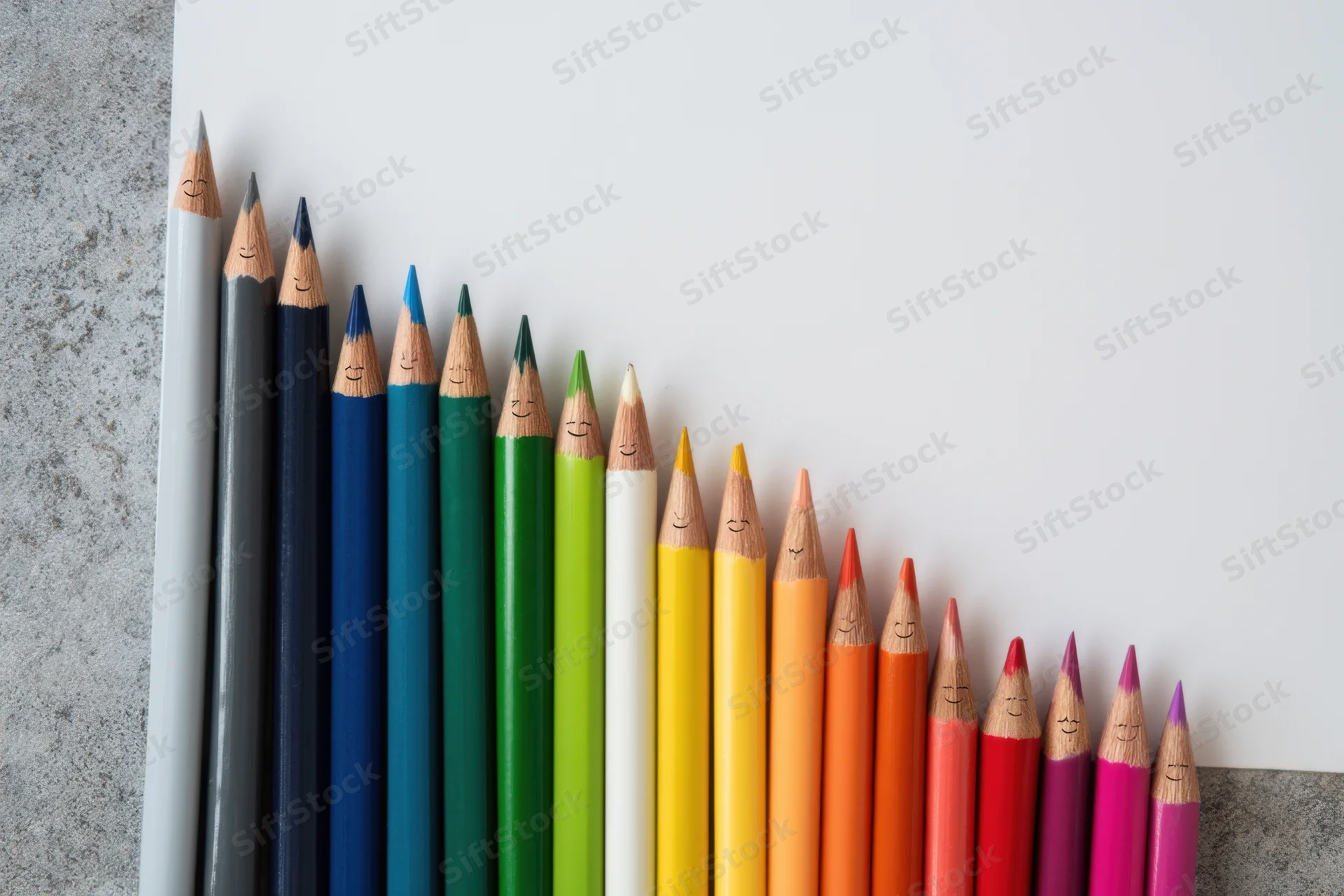 Row of colored pencils with smiling faces arranged in gradient on desk surface