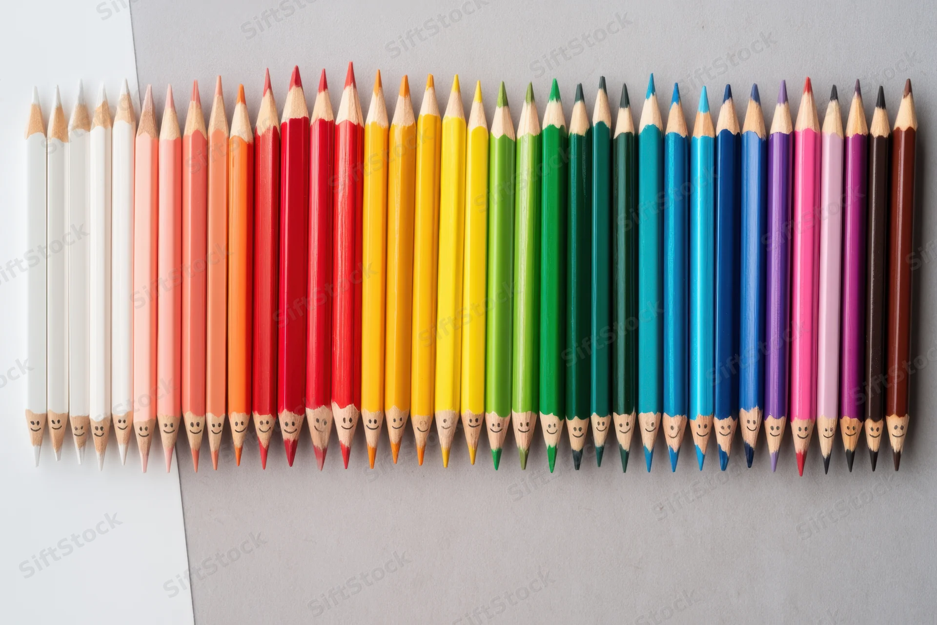 Row of colored pencils with smiling faces arranged in rainbow order on gray surface
