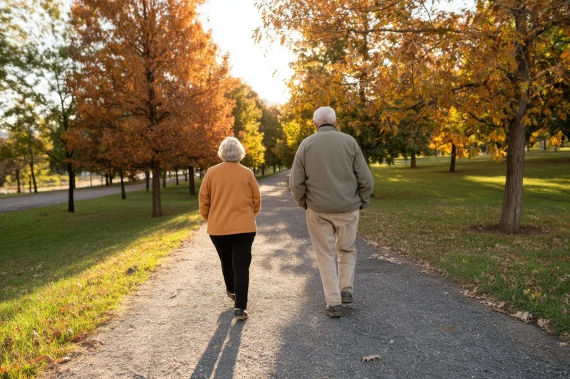 Senior couple walking away on a gravel path through a sunlit autumn park