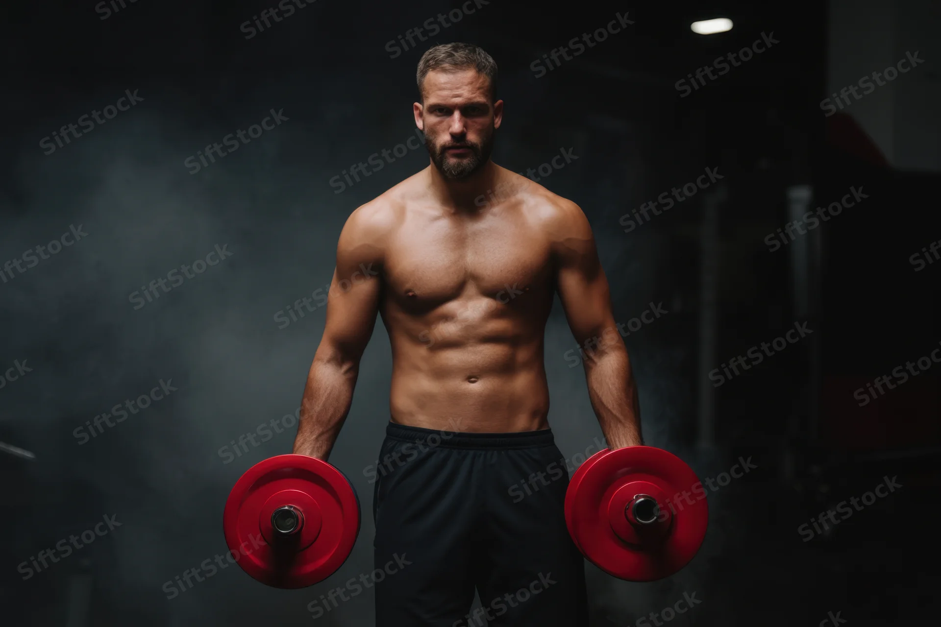 Muscular man holding red dumbbells in a dark smoky gym