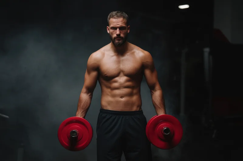 Muscular man holding red dumbbells in a dark smoky gym